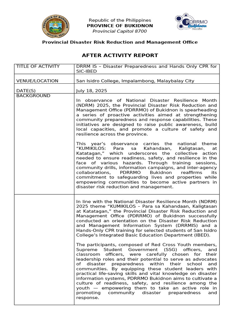 Bukidnon DRRM Hands-Only CPR Report | PDF | Emergency Management ...