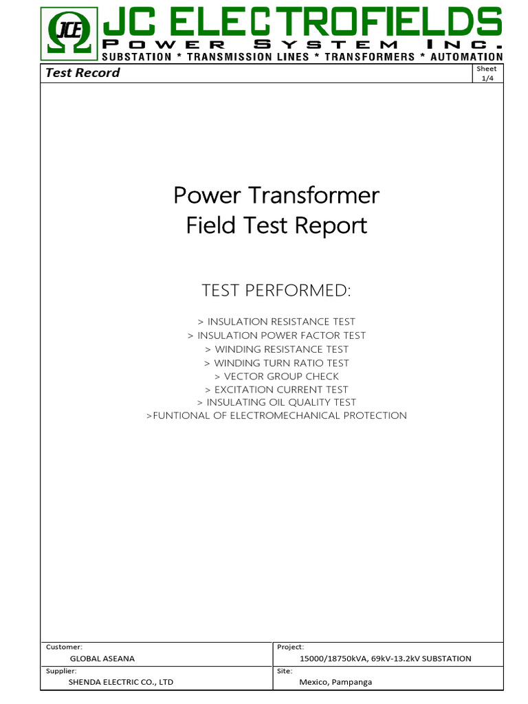 Power Transformer Field Test Report | PDF | Transformer | Insulator ...