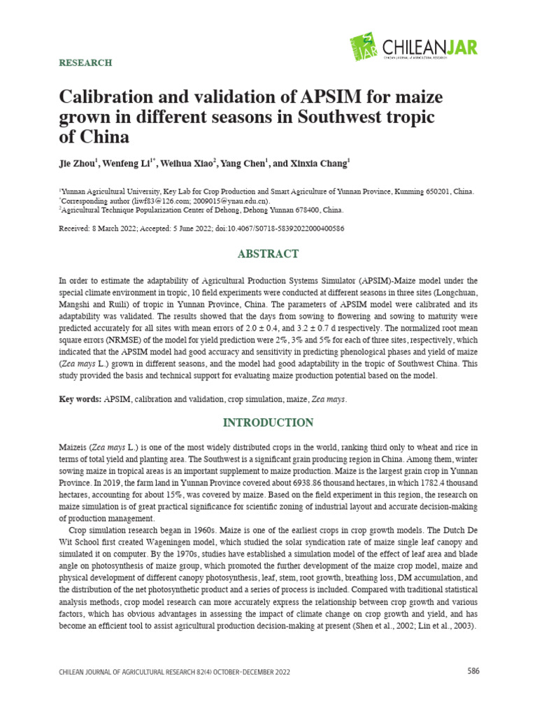 Calibration and Validation of APSIM For Maize Grown in Different ...