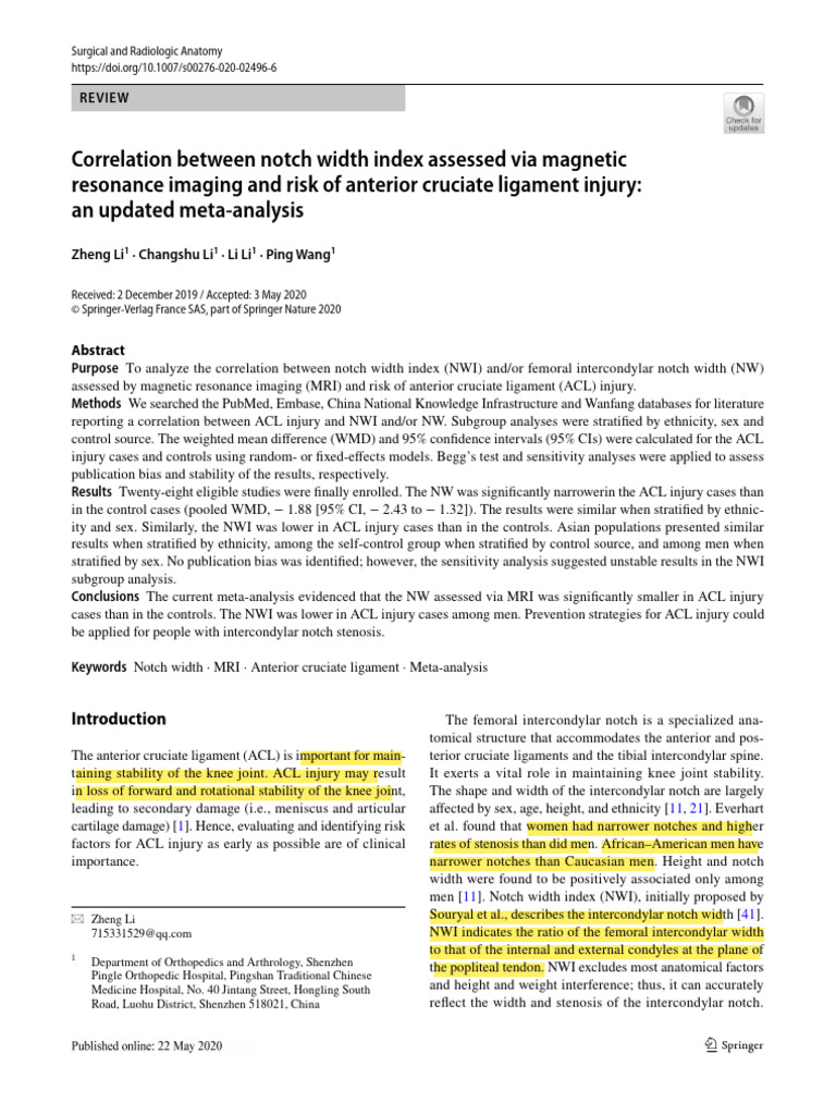 ACL Injury Risk and Notch Width Index | PDF | Knee | Musculoskeletal System