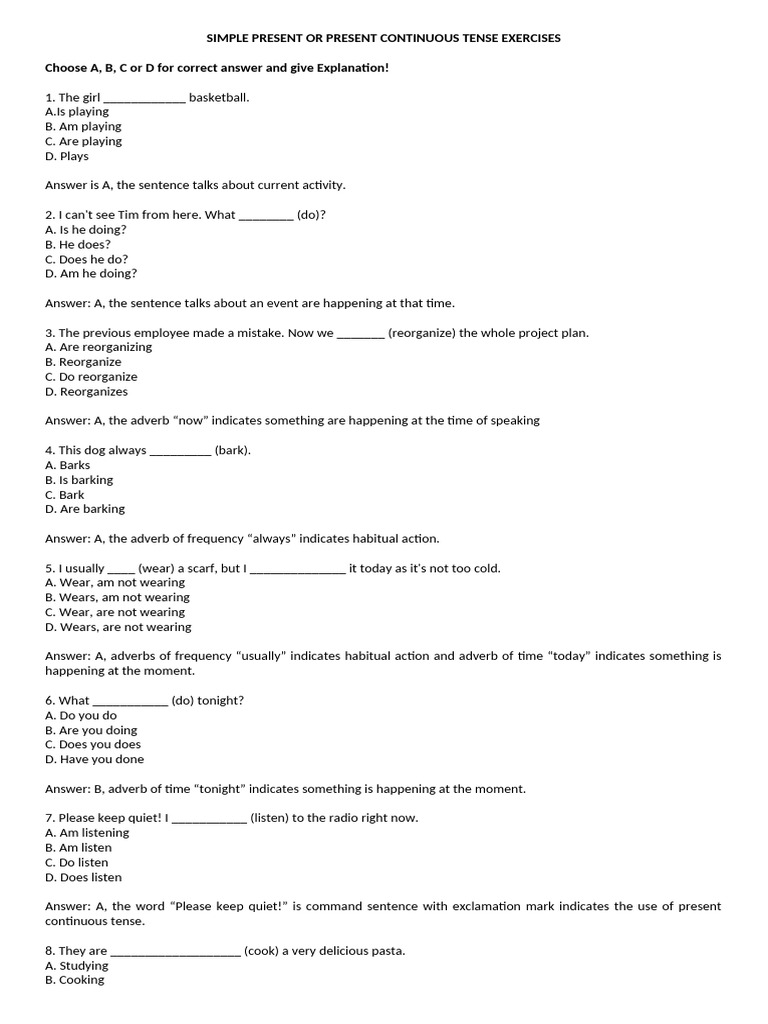 Present Simple vs Continuous Exercises | PDF