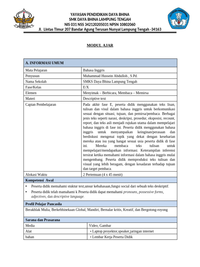 Modul Ajar Descriptive Text SMK Daya Bhina | PDF