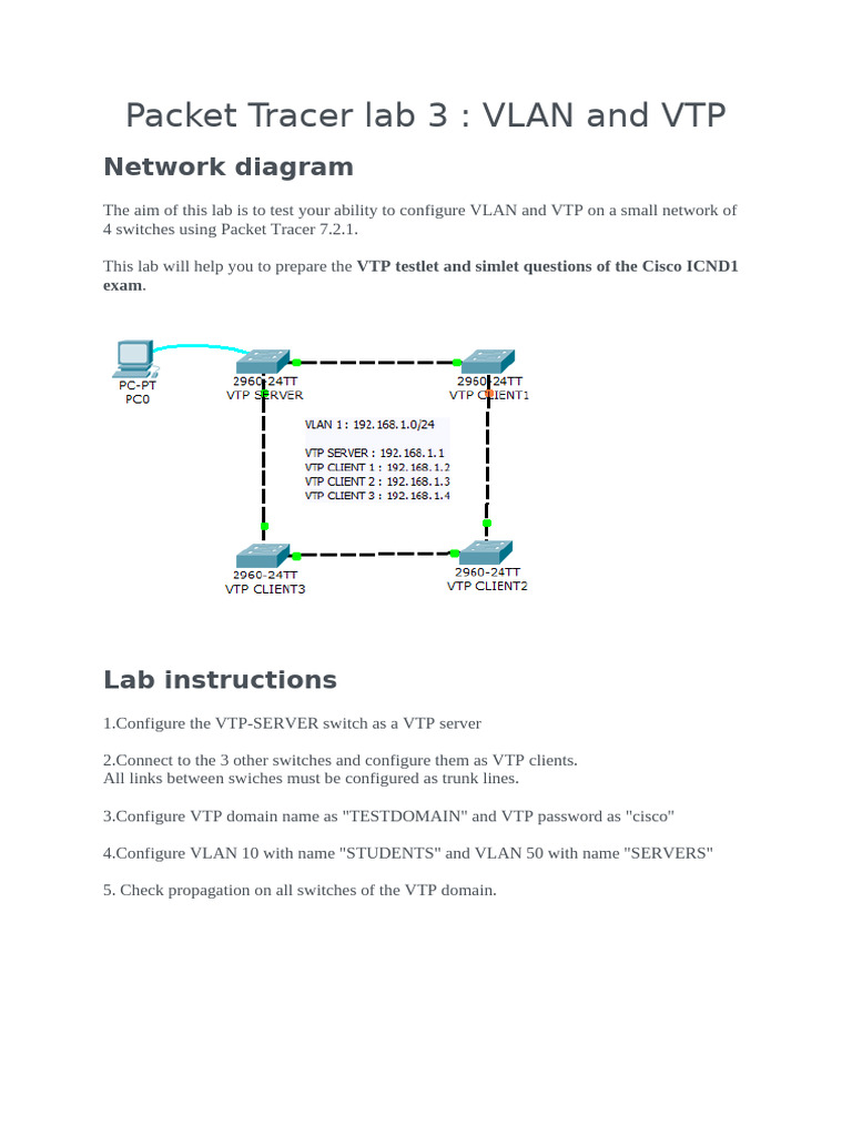 VTP and VLAN Configuration Lab | PDF | Networking Standards | Data ...