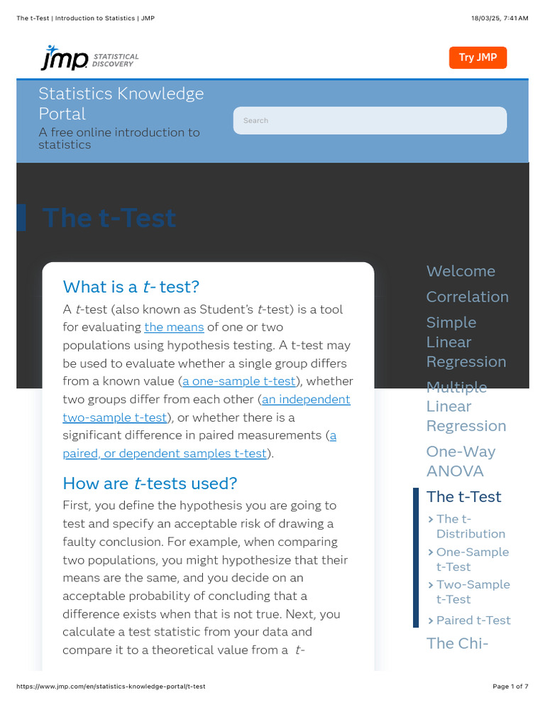 The T-Test - Introduction To Statistics - JMP | PDF | Student's T Test ...