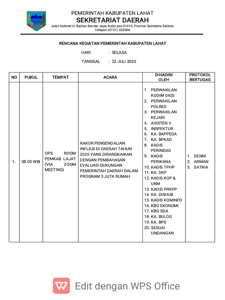 Rencana Kegiatan Pemkab Lahat 22 Juli 2025 | PDF