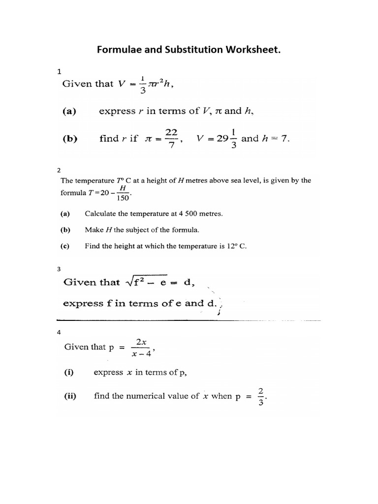 Formulae and Substitution Worksheet | PDF