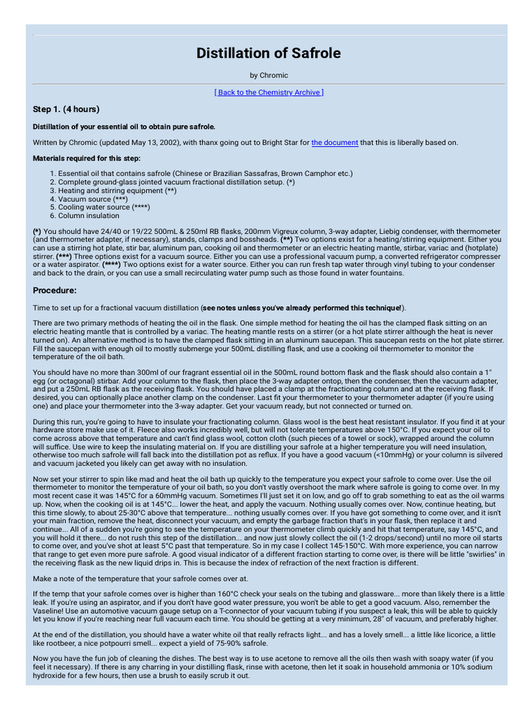 Safrole Distillation Procedure Guide | PDF | Distillation | Thermometer