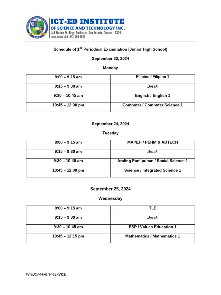 2025 1st Periodical Exam Schedule | PDF