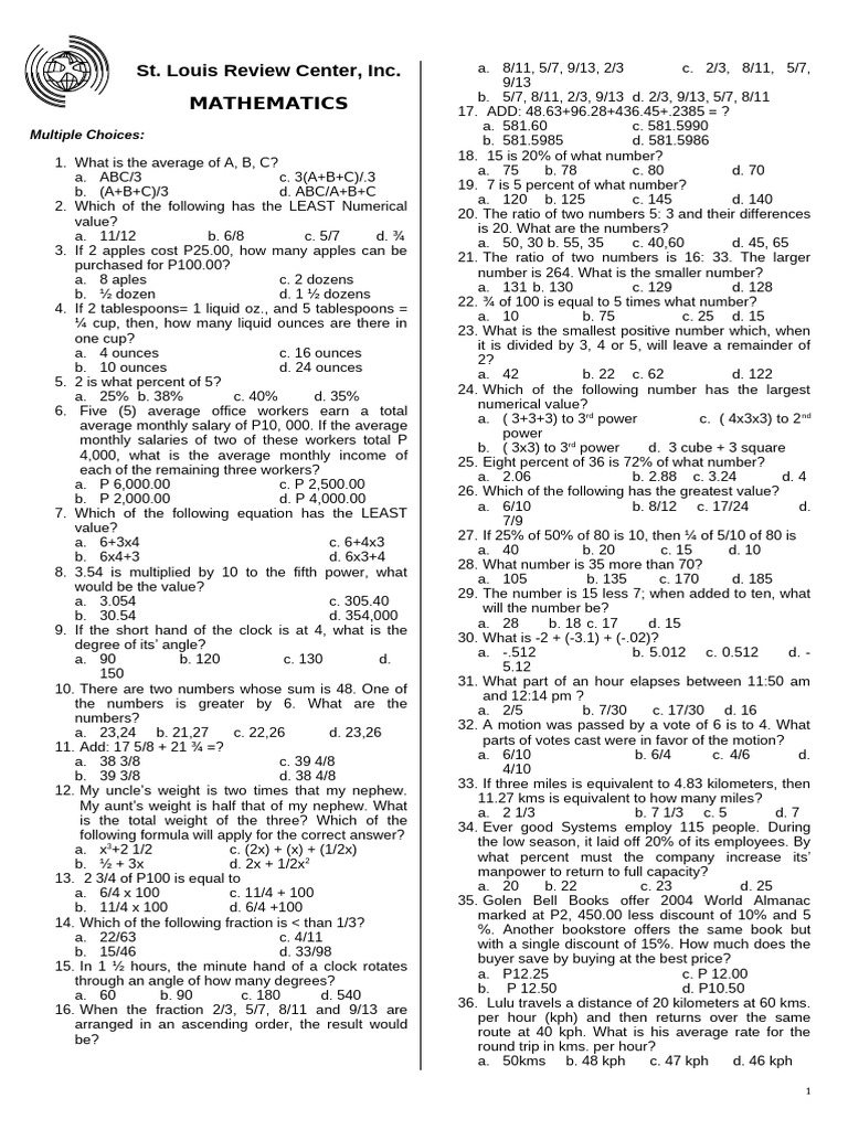 Mathematics Quiz for Employees | PDF | Mathematics | Arithmetic