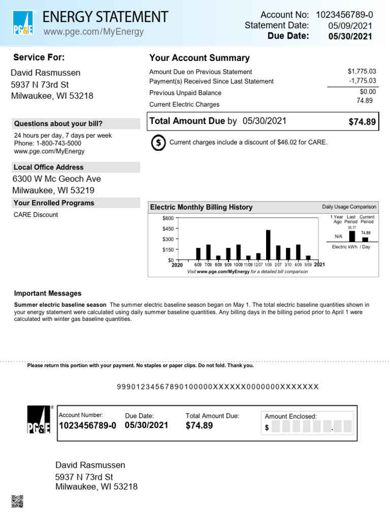 PG&E Sample Bill Summary | PDF | Power (Physics) | Electric Power