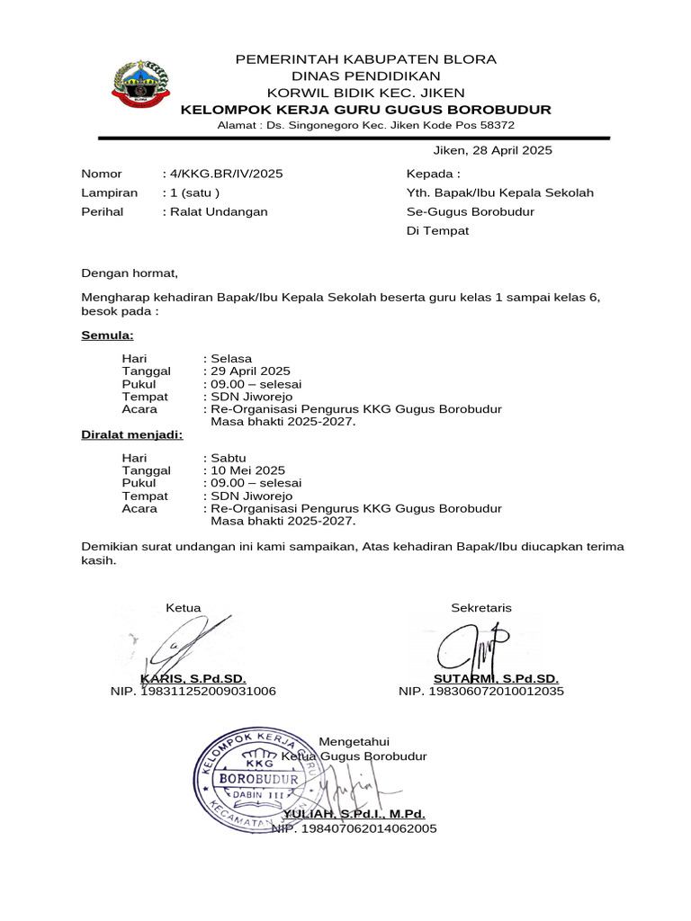 Ralat Undangan Re-Organisasi KKG 2025 | PDF