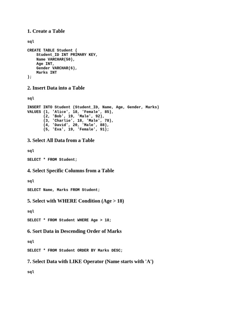 SQL Student Table Operations Guide | PDF