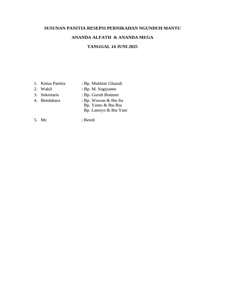 Susunan Panitia Ngunduh Mantu 2025 | PDF