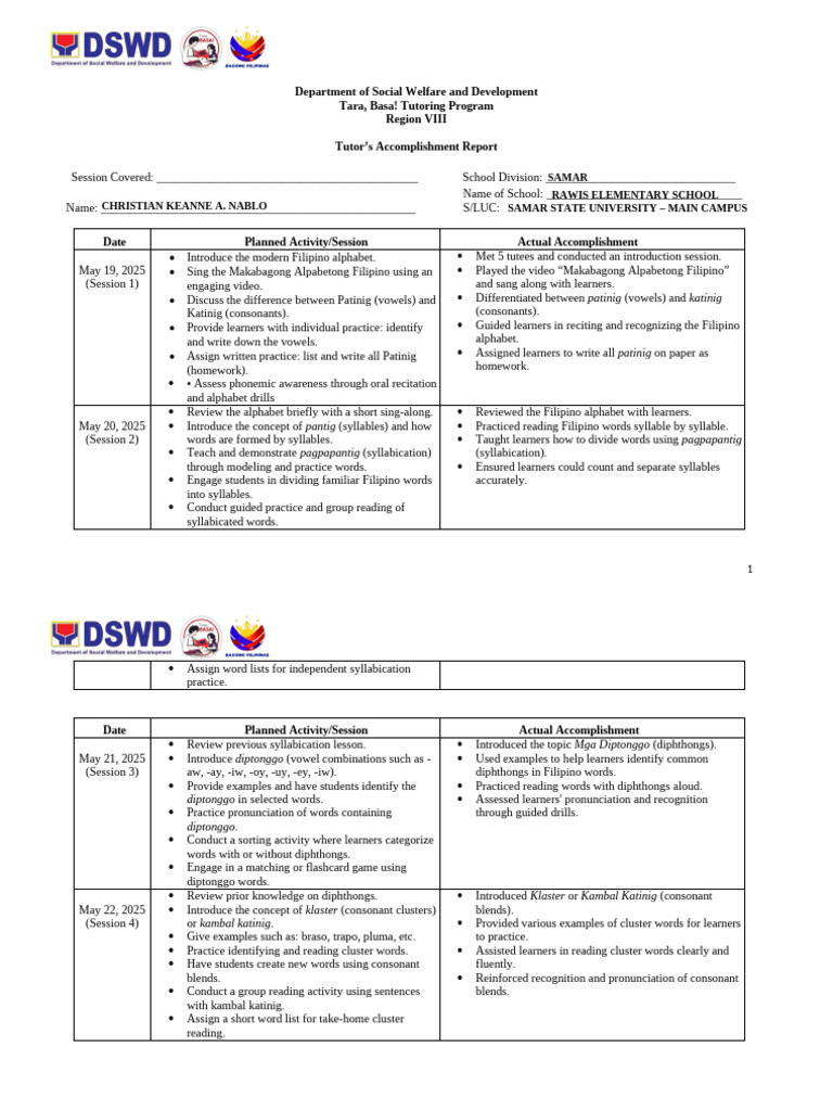 Tutor Accomplishment Report: Tara Basa Program | PDF | Reading ...