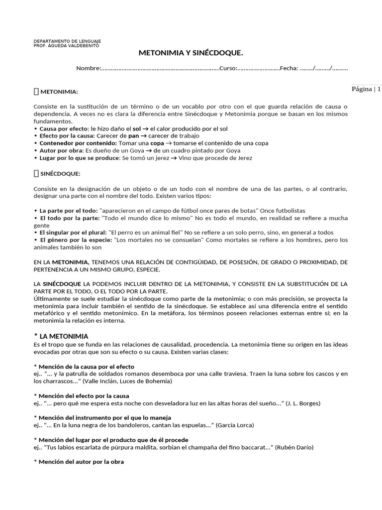 Metonimia y Sinécdoque: Definiciones y Ejemplos | PDF