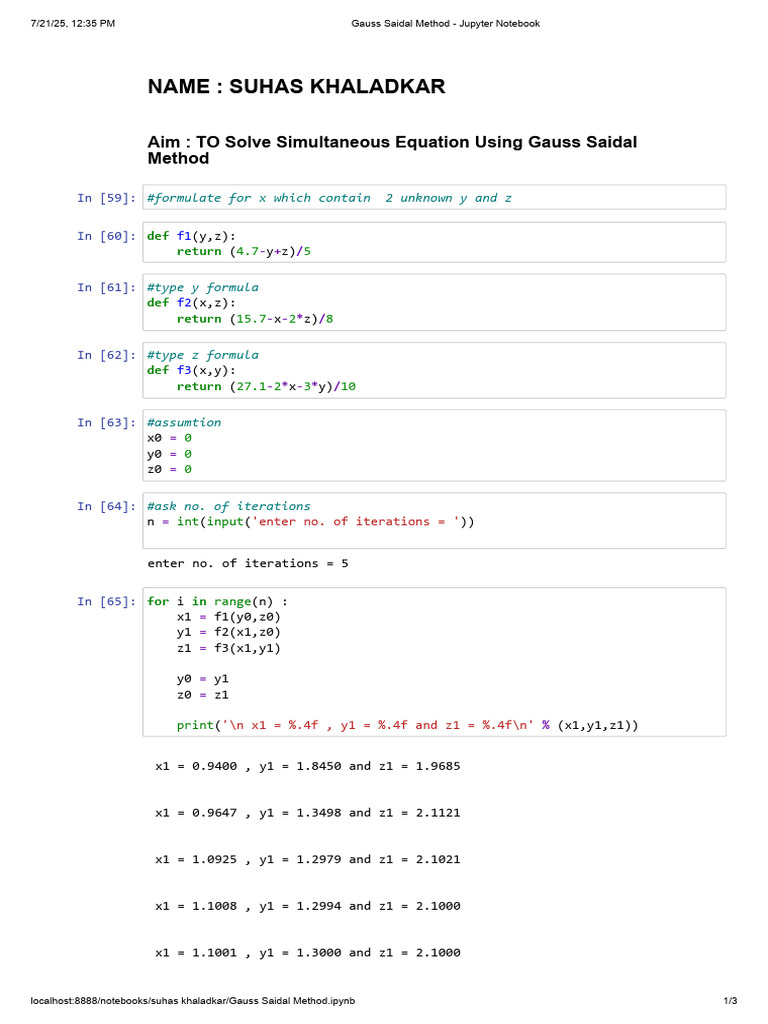 Gauss Seidel Method for Equations | PDF | Algebra | Mathematical Objects
