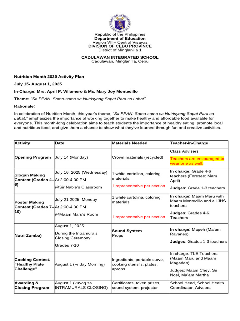 Nutrition Month Activity Plan | PDF