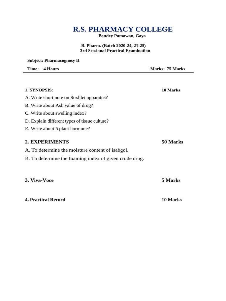 Pharmacognosy II Practical Exam Paper | PDF