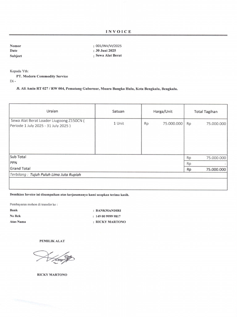 Invoice Sewa Alat Loader | PDF