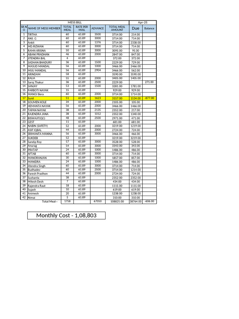 Mess Bill Summary and Balances | PDF