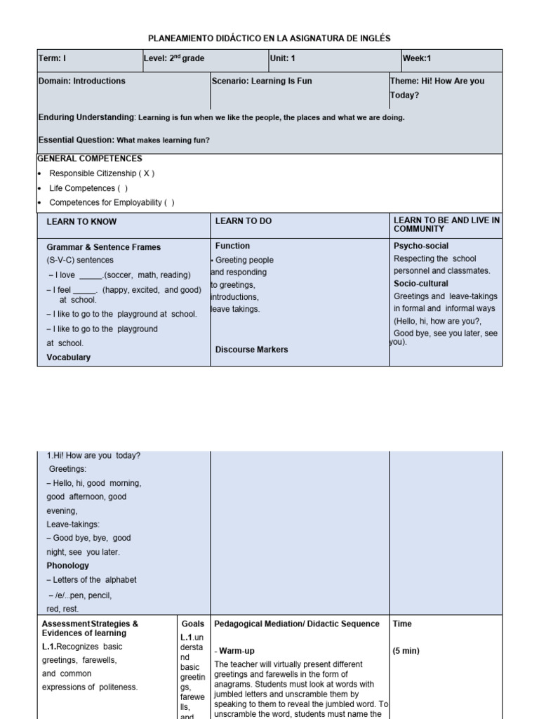 2nd Grade English Lesson Plan: Greetings | PDF | Learning | Human ...
