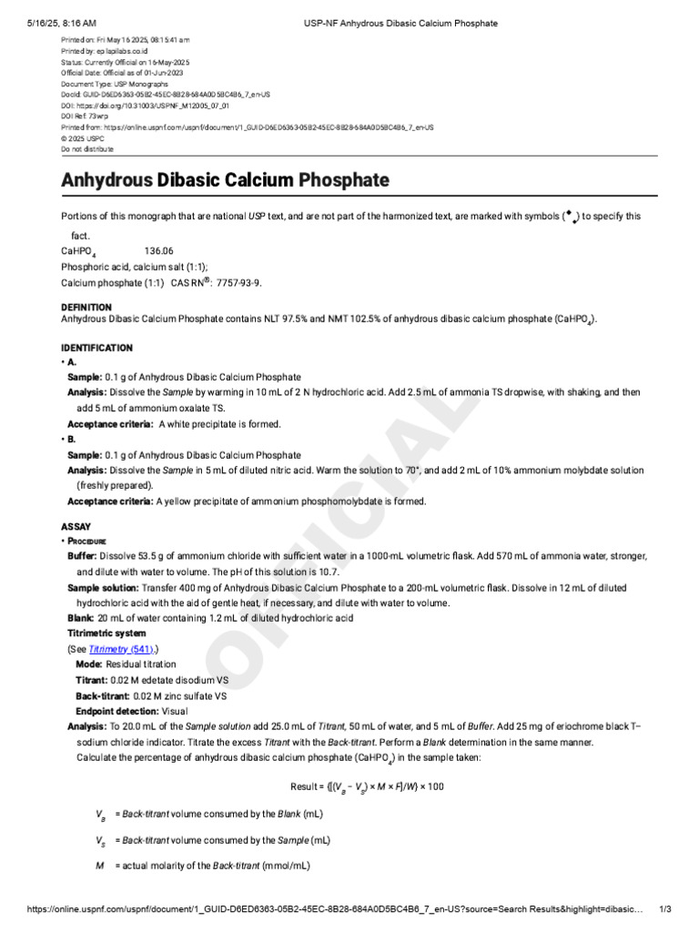 USP Monograph: Anhydrous Calcium Phosphate | PDF | Titration | Chemistry