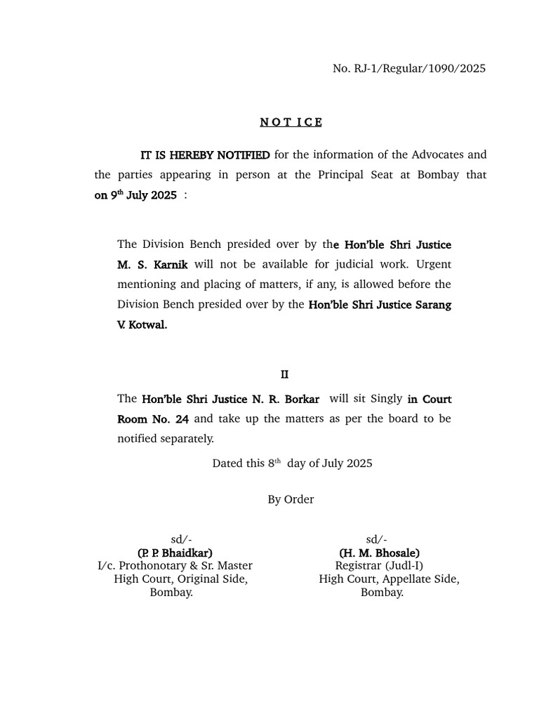Bombay High Court Notice July 2025 | PDF