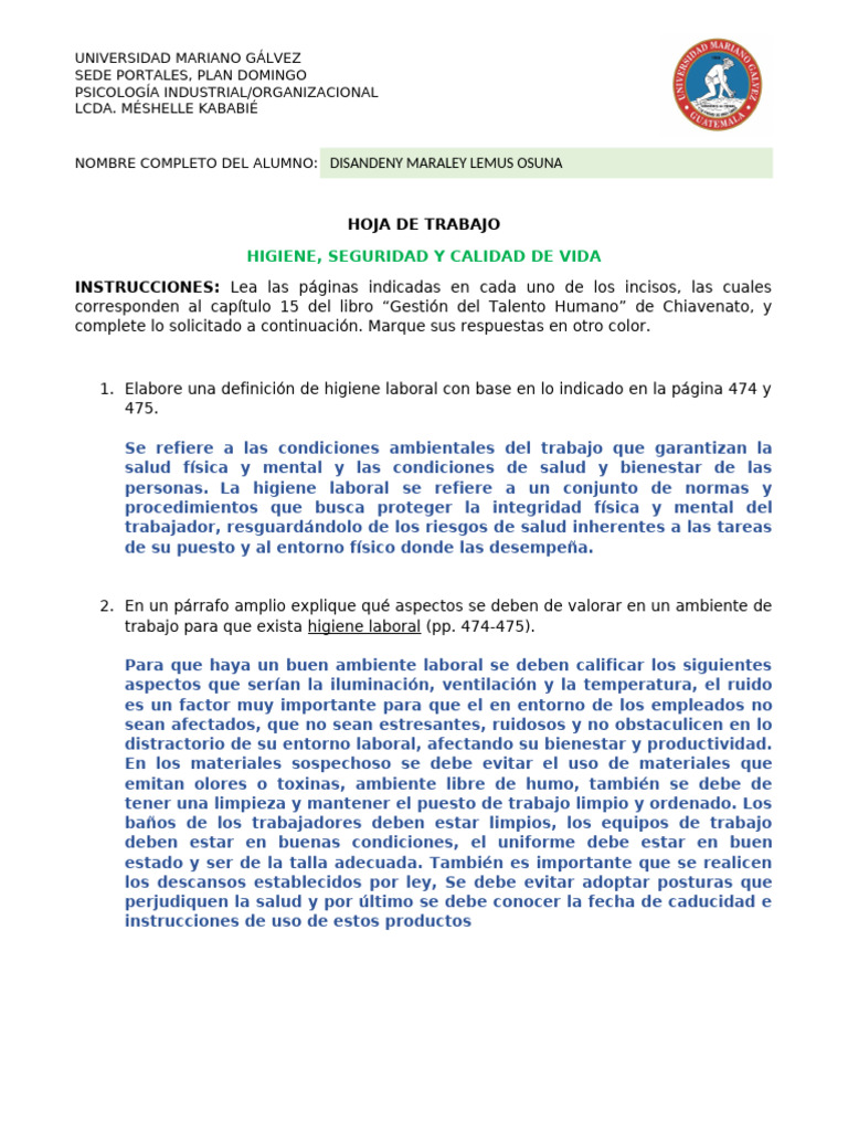 Hoja de trabajo Higiene, seguridad y calidad de vida-1 | PDF | Higiene ...