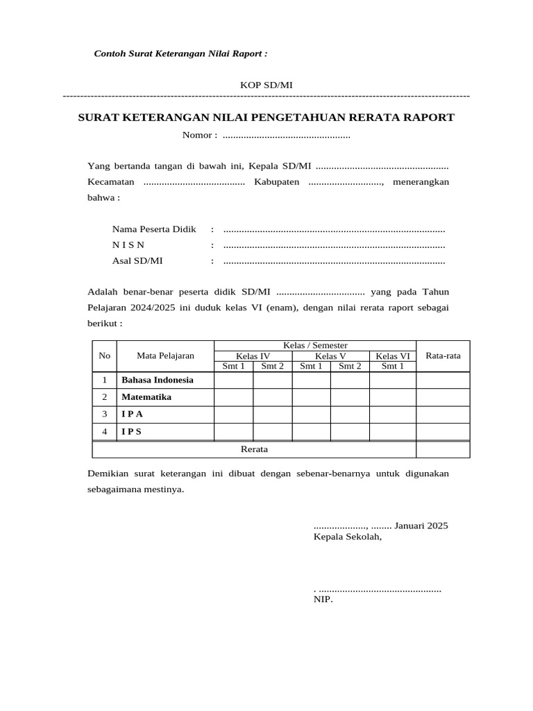 Surat Keterangan Nilai Raport SD/MI | PDF