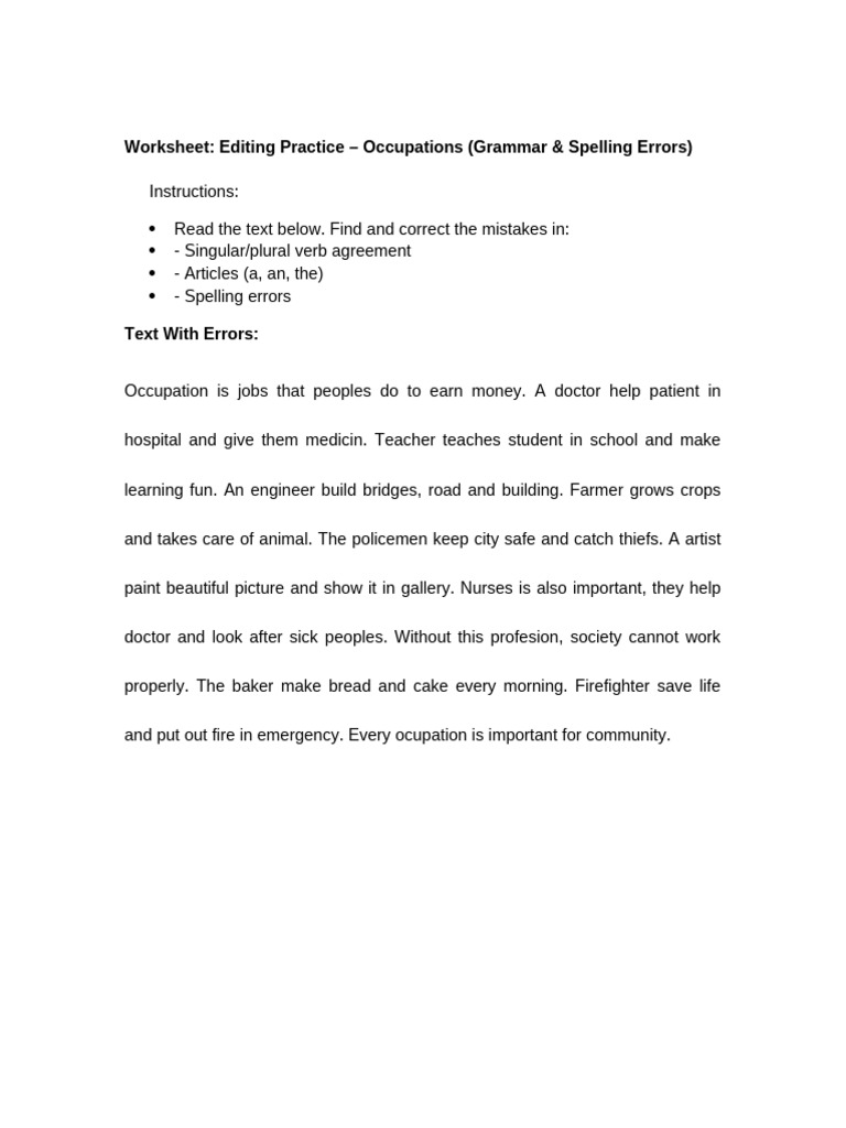 Editing Practice: Occupations Worksheet | PDF