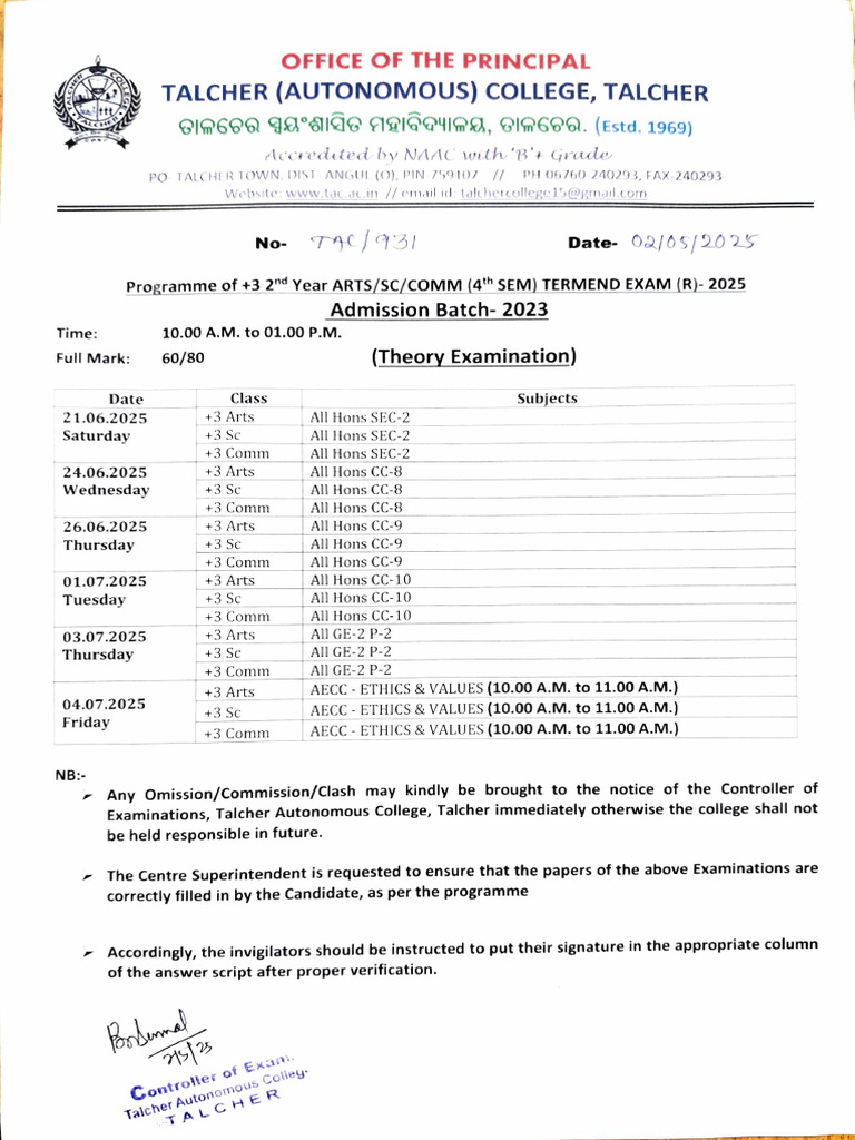 Talcher College 2025 Exam Schedule | PDF