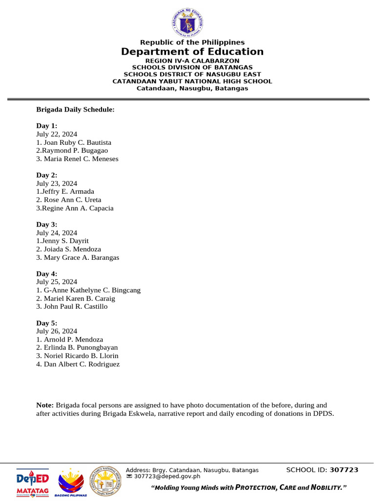Brigada Eskwela 2024 Schedule and Committee | PDF