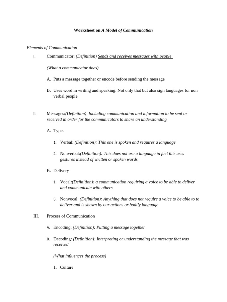 Communication Model Worksheet | PDF