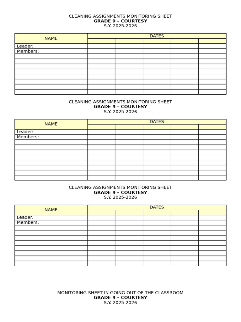 Grade 9 Cleaning Assignments Tracker | PDF