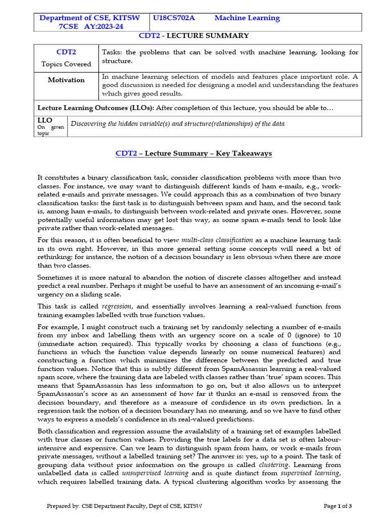 Machine Learning Lecture Summary: Key Concepts | PDF | Machine Learning ...