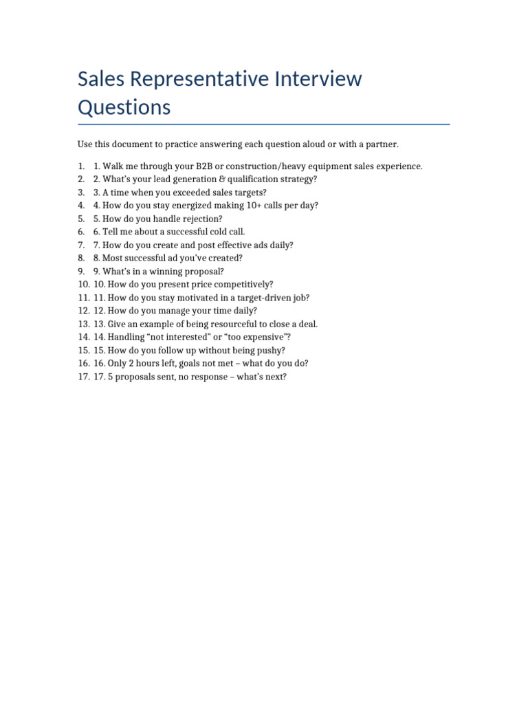 Sales Rep Interview Practice Questions | PDF