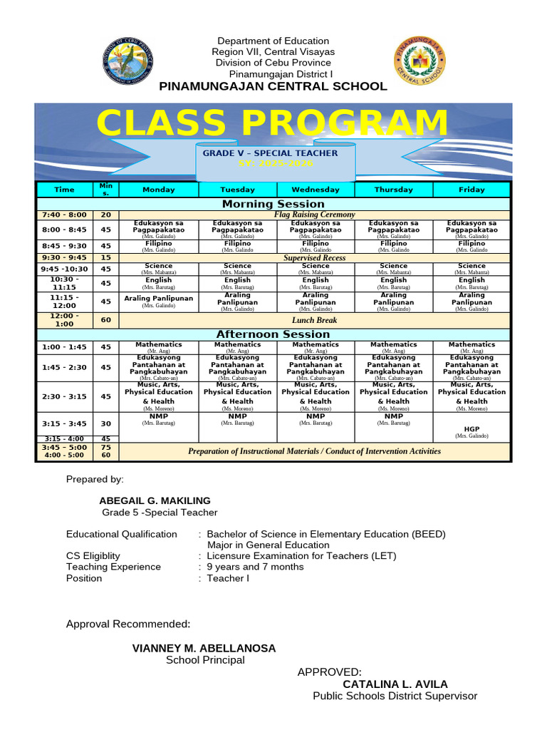 Pinamungajan Central School Class Program | PDF | Teachers | Learning