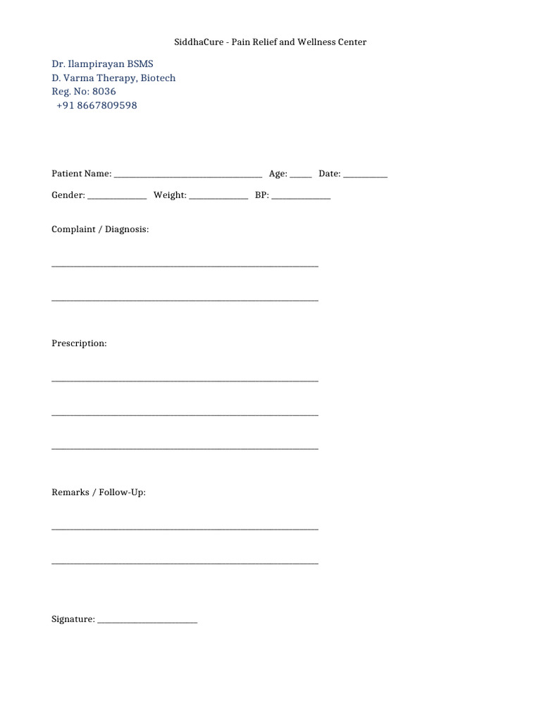SiddhaCure Pain Relief Prescription Form | PDF