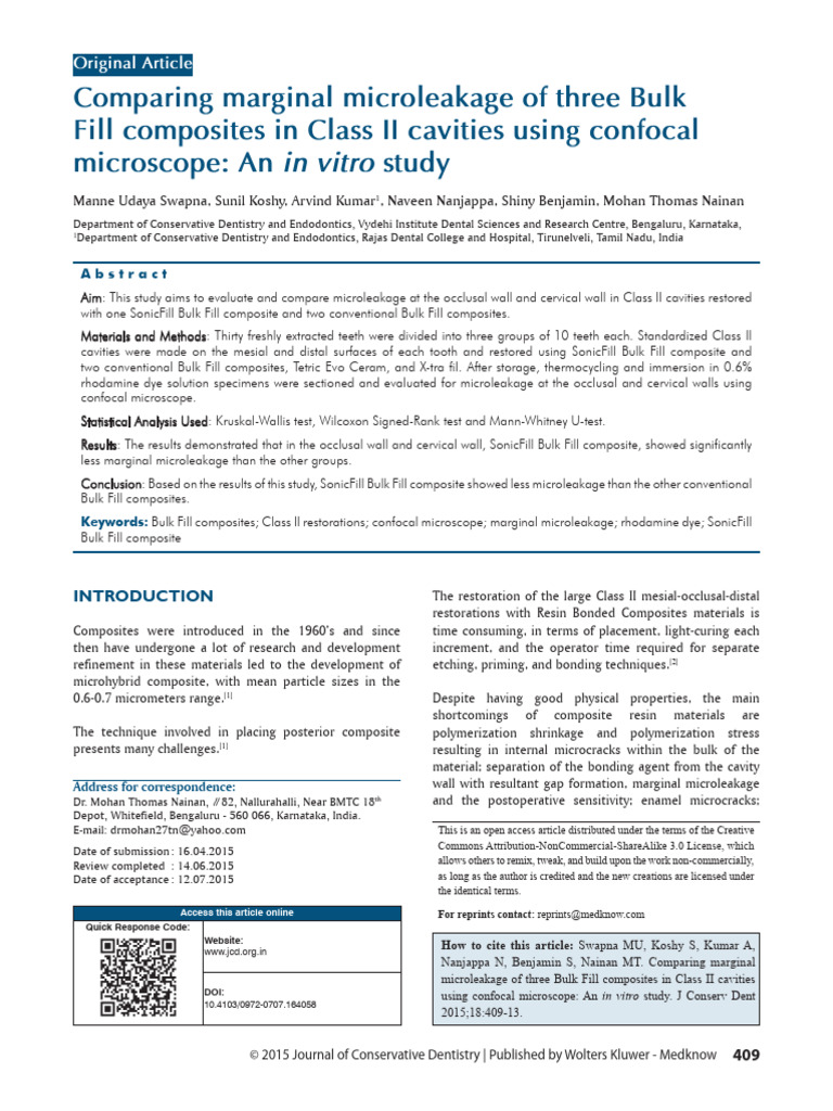 Microleakage in Bulk Fill Composites Study | PDF | Dental Composite ...