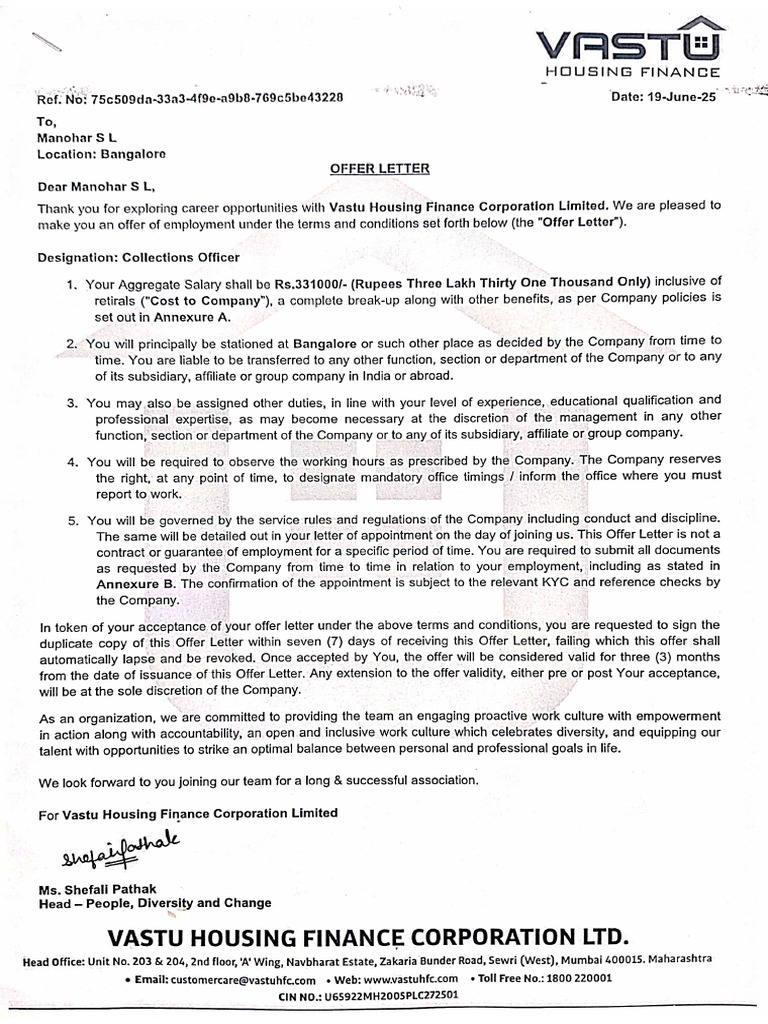 Vasthu Housing Finance Offer Letter | PDF