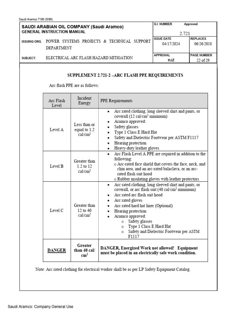 Arc Flash PPE Requirements for Aramco | PDF | Personal Protective ...