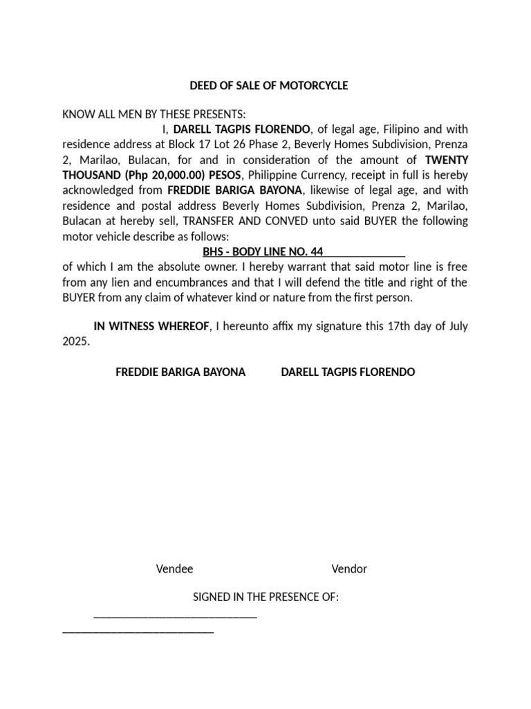 Deed of Sale of Motorcycle | PDF