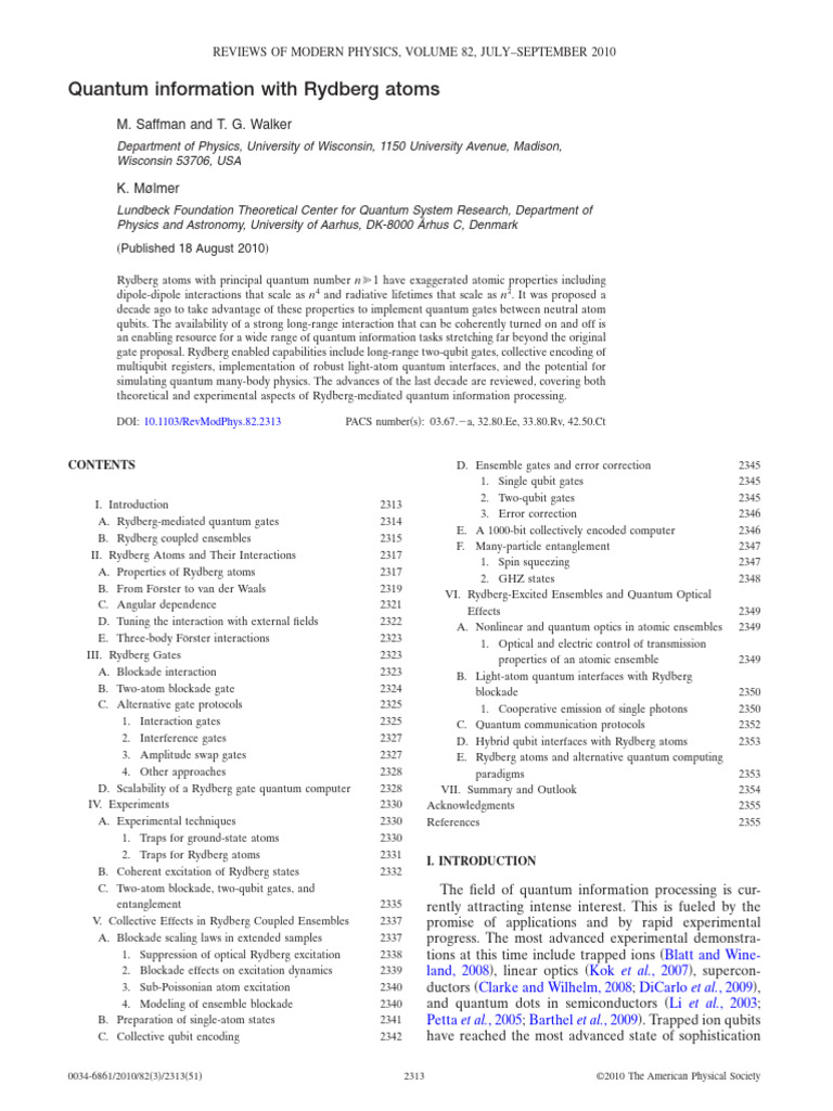 Quantum Information With Rydberg Atoms | PDF | Quantum Computing ...