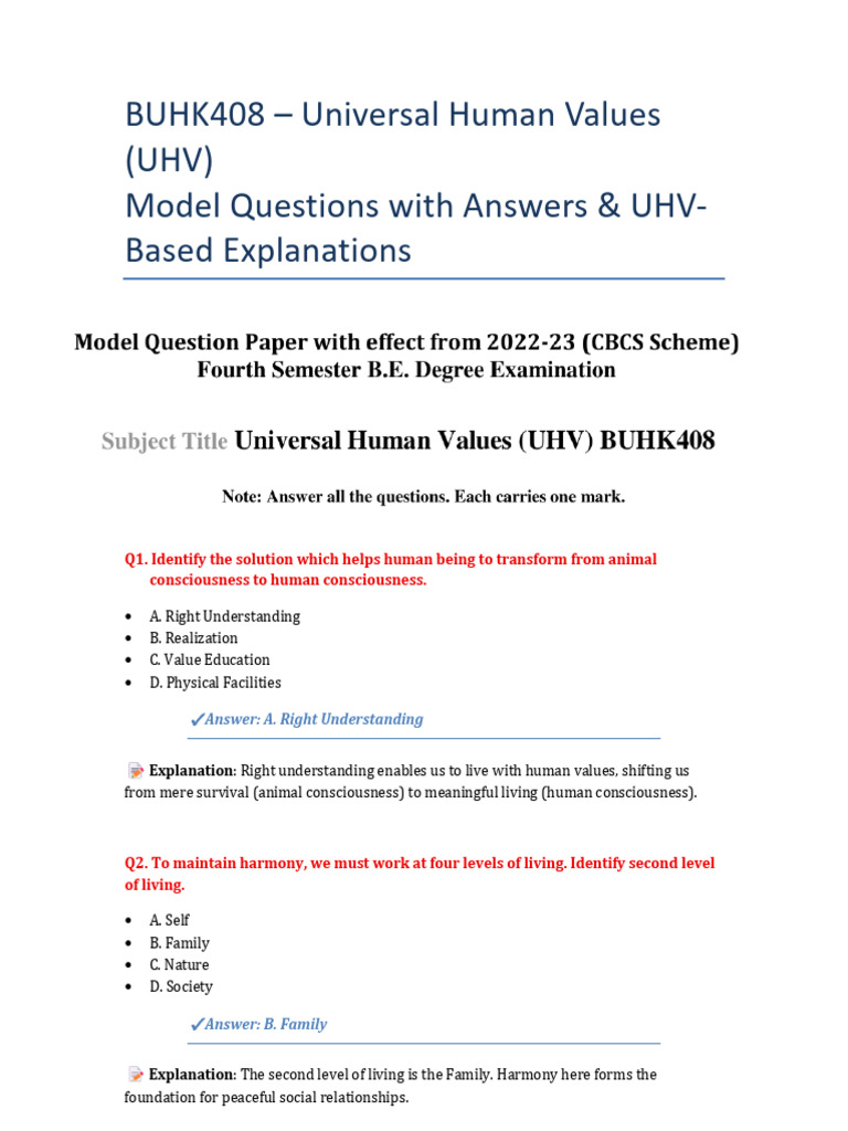 UHV Model Questions and Answers | PDF | Integrity | Consciousness