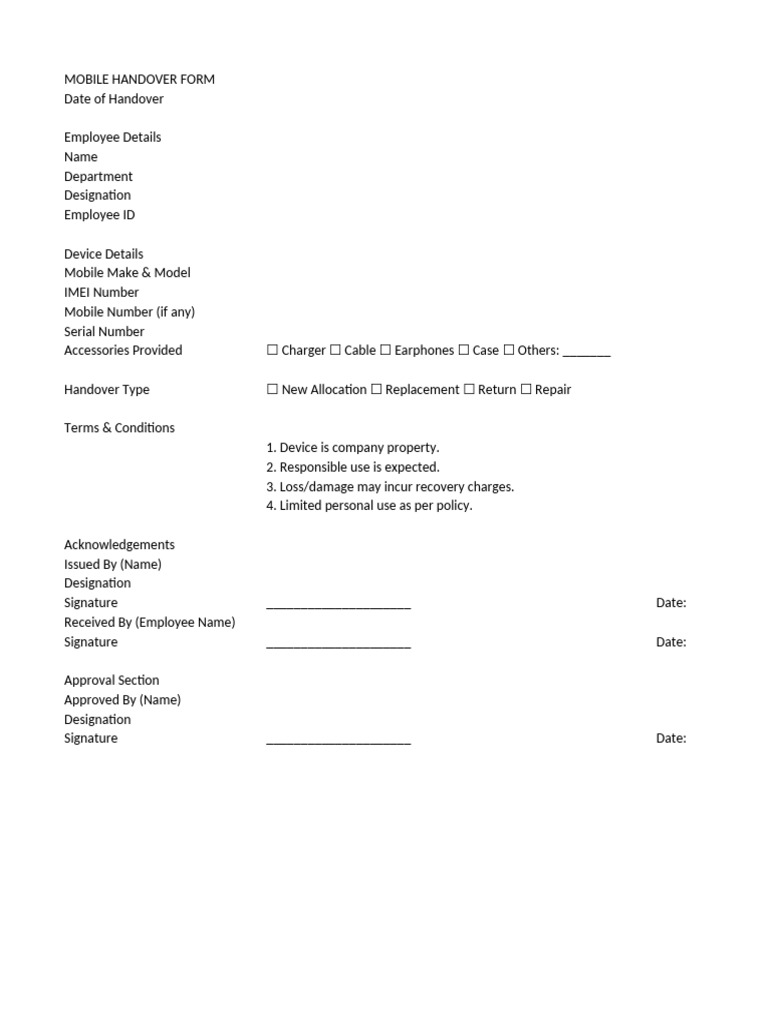 Mobile Device Handover Form | PDF