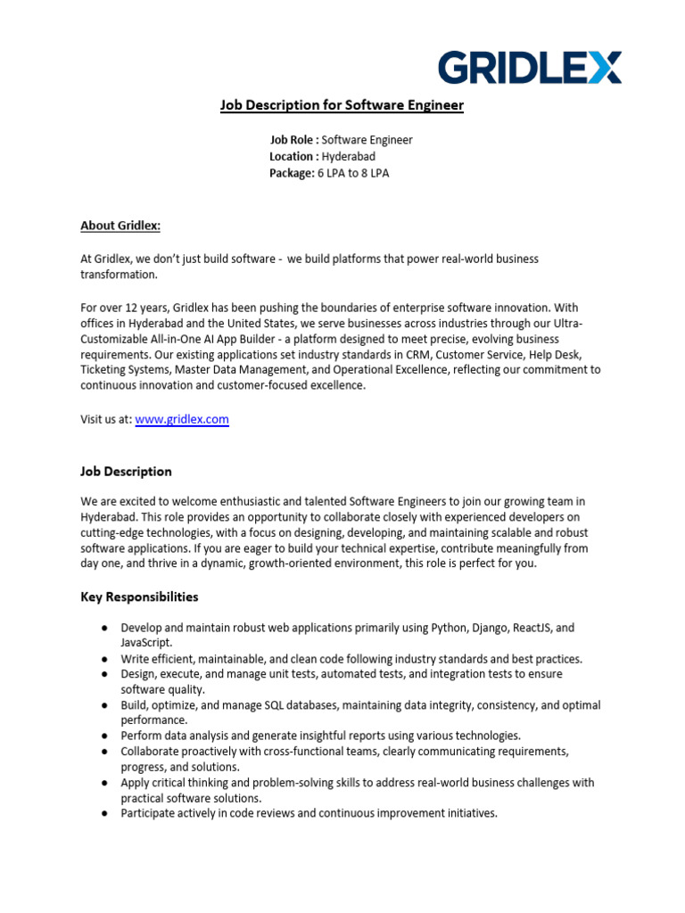 Software Engineer Role at Gridlex | PDF | Databases | Software Engineering
