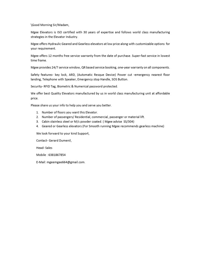 Mgee Elevators Intro Letter Pdf Pdf