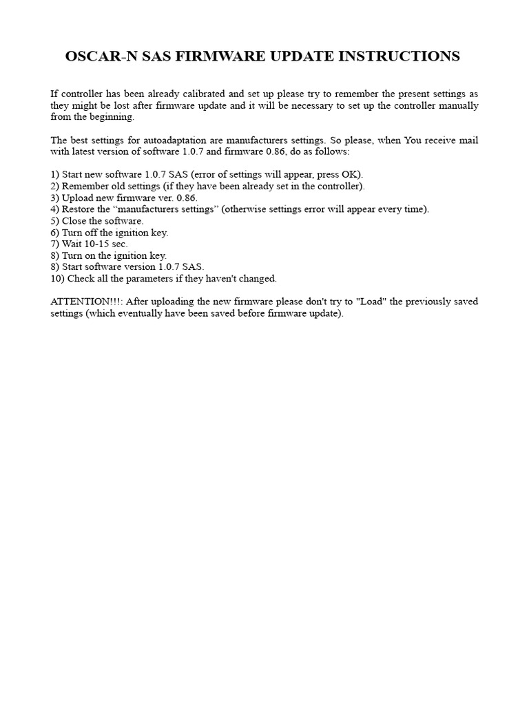 Oscar-N Sas Firmware Update Instructions | PDF