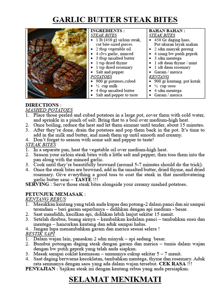 Garlic Butter Steak Bites with Potatoes | PDF | Foods | Cuisine