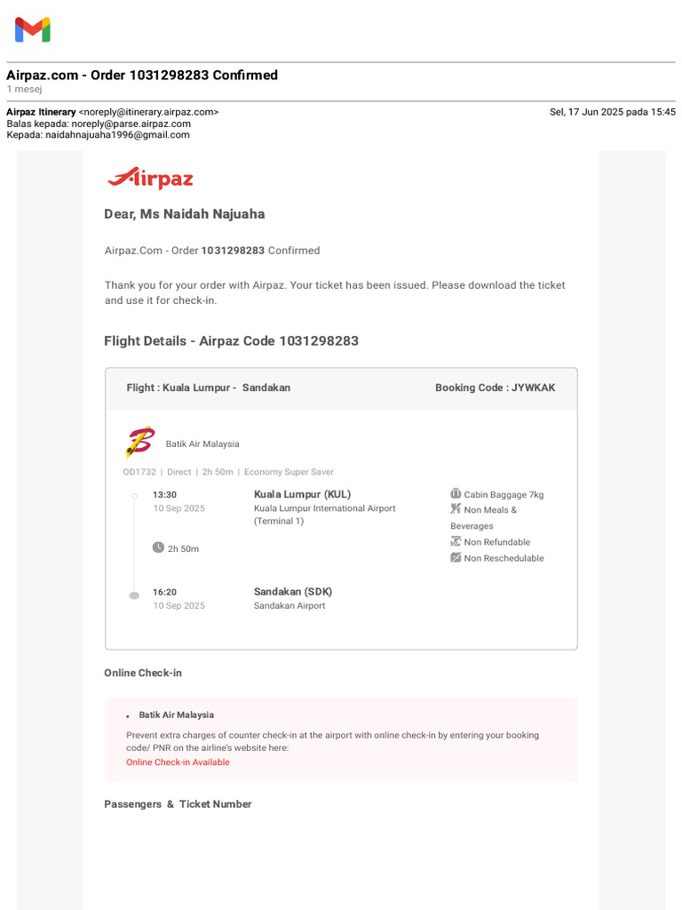 Airpaz Order Confirmation 1031298283 | PDF | Identity Document